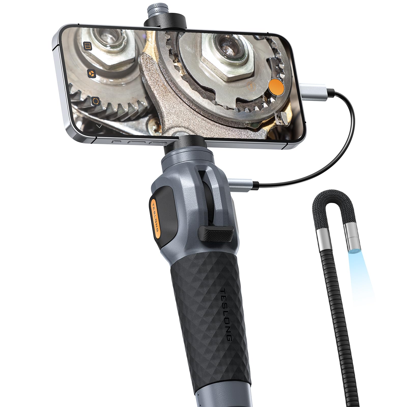Teslong phone-mounted articulating borescope with a bending probe and connected smartphone