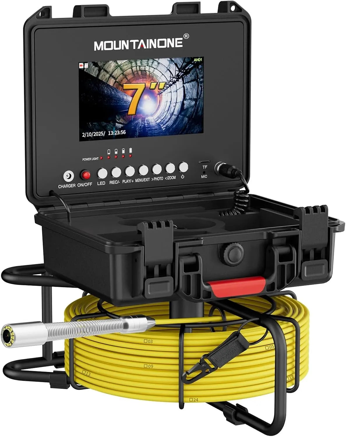 Mountainone drain inspection camera with a seven-inch case display, yellow push cable reel and camera head