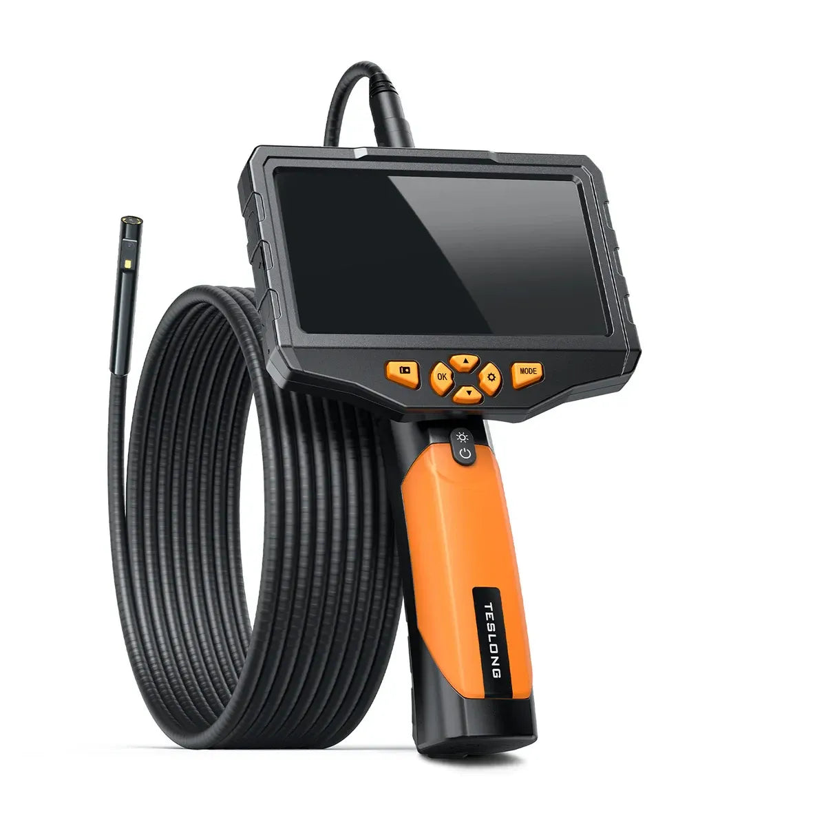 Teslong standalone dual-lens inspection camera with an orange handle and coiled probe cable